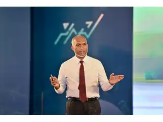 President Dr. Mohamed Muizzu delivers his address at the ceremony held to mark "Forward with the People - Week 14."