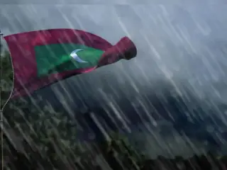 ރާއްޖޭގެ ގައުމީ ދިދަ އާއި ވިއްސާރަވެ އުޑުމަތި ބަނަވެފައިވާ މަންޒަރު ދައްކުވައިދޭ ތްރީ-ޑީ ކުރެހުމެއް