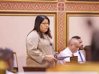 Minister of Health, Family and Welfare Geela Ali responds to questions during a sitting of the People's Majlis.
