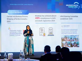Chief Statistician of the Maldives Bureau of Statistics (MBS), Aishath Hassan, delivers a presentation on the collaborative efforts between MBS and the Department of National Registration (DNR) to strengthen the national civil registration system.