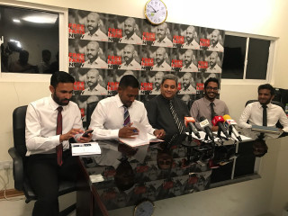 Former President Maumoon Abdul Gayoom's team of lawyers at the press conference held on Tuesday