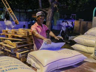 A hired hand helps carry sacks of cement off a lorry