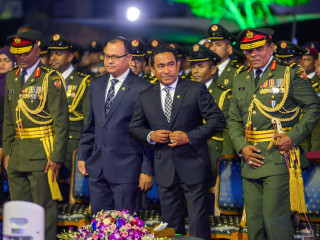(R-L) Major General Ahmed Shiyam, former president Abdulla Yameen, and former Defence Minister Adam Shareef