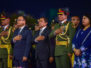 Former President Abdulla Yameen, with his administration\'s defence minister Adam Shareef (L) and chief of defence Ahmed Shiyam; at MNDF\'s 126th anniversary celebration in April 2018
