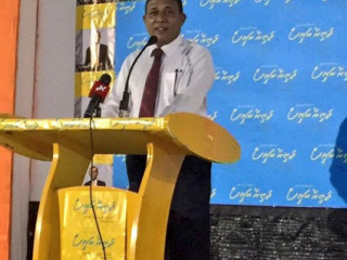 Mohamed Aslam at former President Nasheed\'s campaign rally in GDh Thinadhoo on Saturday night