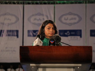 MP Eva Abdulla speaking at a rally ahead of the presidential elections held in 2018