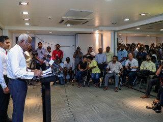 File photo: President-elect Ibrahim Mohamed Solih addresses the media on Election Day, after interim results showed his victory