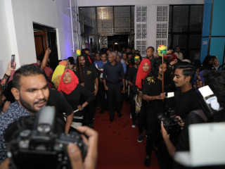 Solih and Faisal arrive at the opposition\'s event at Dharubaaruge