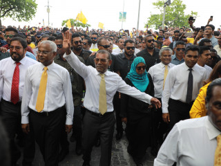 In the photo (L to R): JP leader Qasim, President-elect Solih, former President Nasheed, AP\'s Shidhatha Shareef, Vice-president-elect Faisal Naseem; a number of people gathered across the capital on