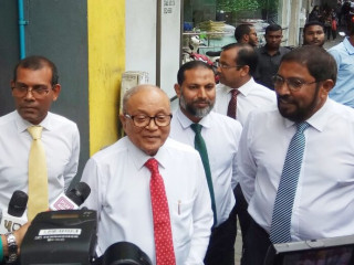 Leaders of the Joint-Party coalition; (L to R) Former President Nasheed, former President Maumoon, Imran Abdulla, Qasim Ibrahim