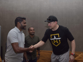 Former Manchester United goalkeeper Michael Schmeichel greeted as he arrived at the Velanaa International Airport