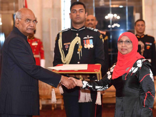 Maldives Ambassador to India Aishath Mohamed Didi presents her credentials to President Ram Nath Kovind