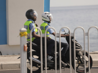 Officers of the Maldives Police Service patrolling the Sinamalé Bridge