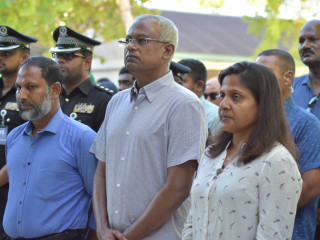 (L-R) Home Minister Imran Abdulla, President Ibrahim Mohamed Solih, First Lady Fazna Ahmed