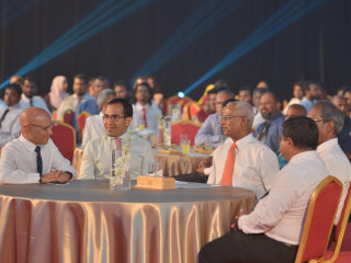 President Solih and ministers at the Dhiraagu event