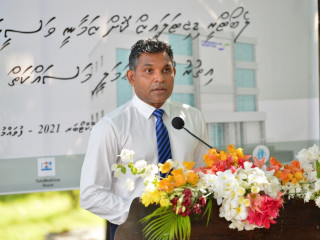 Vice President Faisal Naseem at the ceremony to launch the project to close up the navigational channels dug across the Fuvahmulah City reef