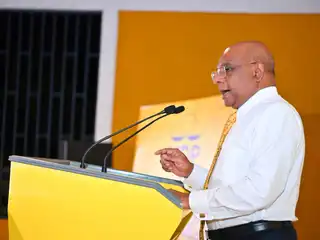 MDP President Abdulla Shahid addresses a rally held in Addu City.