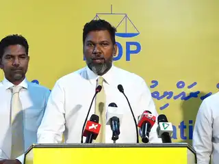 Mohamed Raee speaks at a press conference held by the MDP on Wednesday.