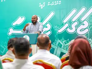 Ibrahim Shujau, the Member of Parliament for the Baarah constituency, delivers his address during a People's National Congress (PNC) rally.