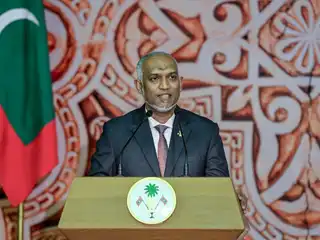 President Dr. Mohamed Muizzu delivers his address at the official function held to mark Independence Day.