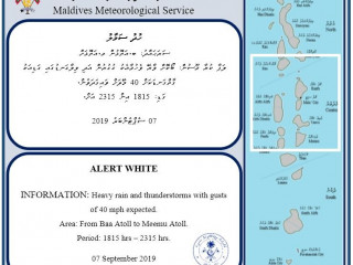 ވައިޓް އެލަރޓް ނެރެފައިވަނީ ހޮނިހިރު ދުވަހުގެ ރޭ 18:15 އިން ފެށިގެން 23:15 އަށް