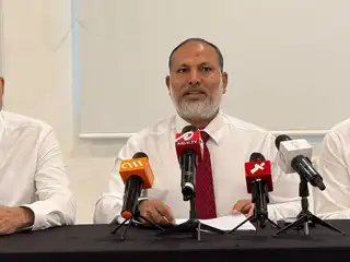 Former Home Minister Sheikh Imran Abdulla speaks at a press conference held Tuesday regarding growing concerns over reports that a significant portion of Ras Male' is being permanently granted to the Eagle Hills company.