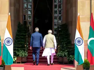 Indian Prime Minister Narendra Modi and Maldivian President Dr. Mohamed Muizzu are pictured walking together ahead of their official meeting at Hyderabad House in New Delhi, on Monday, October 7, 2024.