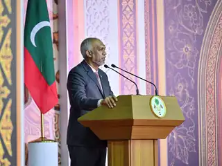 President Dr. Mohamed Muizzu delivers his address at the official ceremony marking Independence Day.