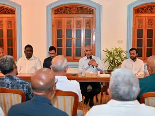 President Dr. Mohamed Muizzu meets with residents of the Sinamalé and Malé Hiyaa flats located in the Galolhu district of Malé City, during a gathering held at Mulee'aage.
