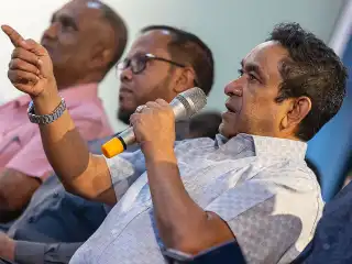 Former President Abdulla Yameen speaking at a PNF rally.