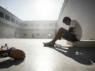 An image showing detainees at the Dhoonidhoo detention facility with their hands and feet restrained by clip-cuffs, forced to sit on a mat under the midday sun.