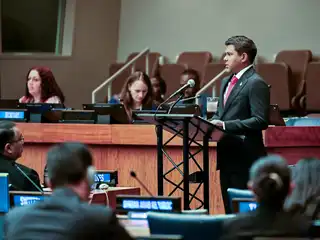 Vice President Hussain Mohamed Latheef delivers remarks at the "High-Level Plenary Meeting on Addressing the Existential Threats Posed by Sea Level Rise," held on the sidelines of the 81st Session of the United Nations General Assembly.