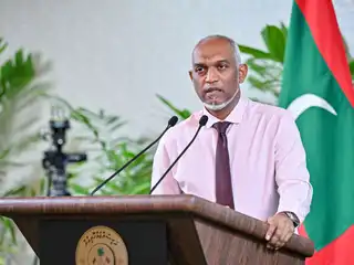 President Dr. Mohamed Muizzu speaking at a presser.