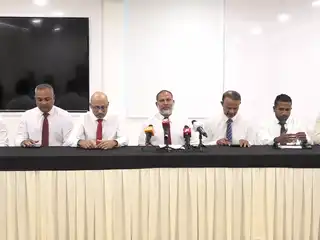 Former Home Minister Sheikh Imran Abdulla speaks at a press conference addressing growing concerns over reports that a significant portion of Ras Male' has been permanently allocated to Eagle Hills.
