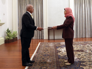 High Commissioner of Maldives to Singapore Ahmed Thasmeen Ali presented his Letter of Credence to the President of Singapore Halimah Yacob on Tuesday