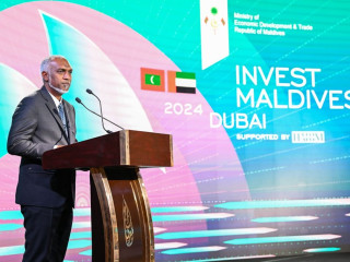 President Muizzu delivering his keynote speech at the Invest Maldives Forum 2024