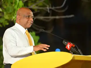 Former MDP President Abdulla Shahid delivers his keynote address at the "Shahid 2028" rally held in Kulhudhuffushi City on Saturday night.