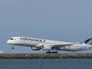 An Air France plane lands at San Francisco International Airport (SFO) in San Francisco, California.