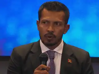 Inspector of Police Adam Naveed, Head of the Anti-Scam Center, speaks at a press conference regarding "Operation Frontier," a collaborative initiative conducted by national anti-scam centers from various countries across the globe.
