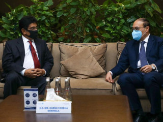 Indian Foreign Secretary Harsh V Shringla with his Maldivian counterpart, Abdul Ghafoor Mohamed