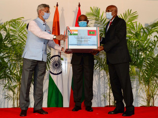 The symbolic handover of 100,000 Covishield vaccine doses by the External Affairs Minister of India, Dr. Dr. S. Jaishankar to the Minister of Health, Ahmed Naseem