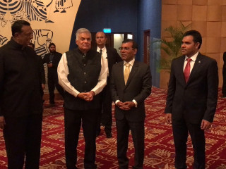 (R to L) - Vice President Faisal Naseem, Speaker and former President Mohamed Nasheed, PM Ranil Wickremesinghe