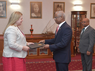 The new UN Resident Coordinator to Maldives, Catherine Haswell presents her credential to President Ibrahim Mohamed Solih