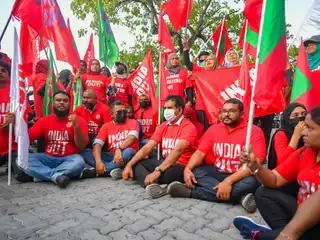 Mohamed Saeed participates in a protest organized by the opposition coalition as part of the 'India Out' campaign held in Male' — March 5, 2022.