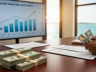 The Maldives Monetary Authority (MMA) is considering a 25 percent increase in US dollar allocations to commercial banks during the tourism off-season, as depicted alongside images of the central bank headquarters, US dollar banknotes, and currency exchange symbols.