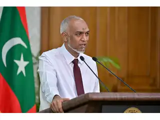 President Dr. Mohamed Muizzu speaks during a press conference.