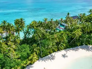 Aerial view of Cheval Blanc Randheli shows a stretch of white sand beach bordered by palm trees and turquoise lagoon waters, with overwater villas visible in the background. Tourists walk hand-in-hand along the shoreline during the peak tourist season in the Maldives.