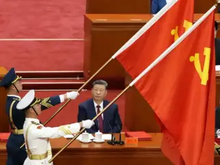Chinese President Xi Jinping (C) attends a ceremony at the Great Hall of the People in Beijing on July 1, 2026, to commemorate the 105th anniversary of the founding of the Communist Party of China.