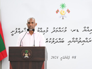 President Muizzu speaking to residents of Gaadhiffushi island