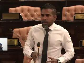 Member of Parliament for the Kanditheemu constituency, Ameen Faisal, addresses Monday's session of the People's Majlis.